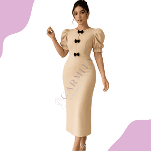 vestido-midi-entallado-con-mangas-abullonadas-y-lazo-decorativo